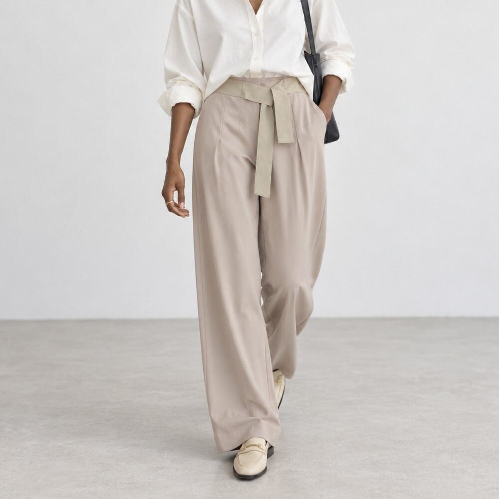 Elie Tahari Trousers Womens 2 Beige Taupe Mid-rise Wide Leg Tie Waist Dress Pant